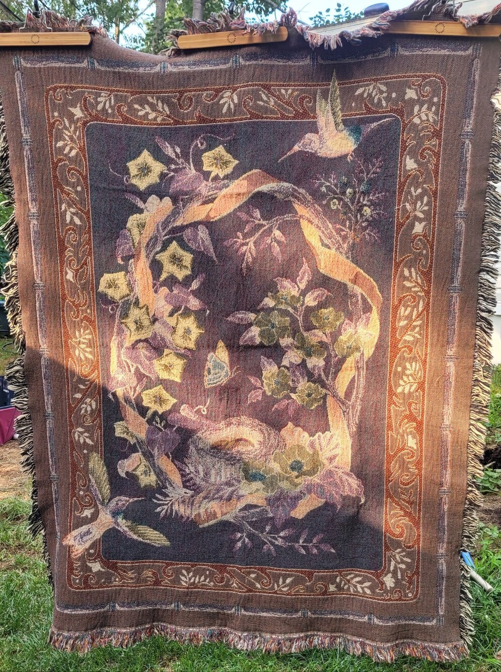 Vintage Hummingbird Tapestry Throw Blanket Floral Butterfly Cottagecore - Picture 6 of 6
